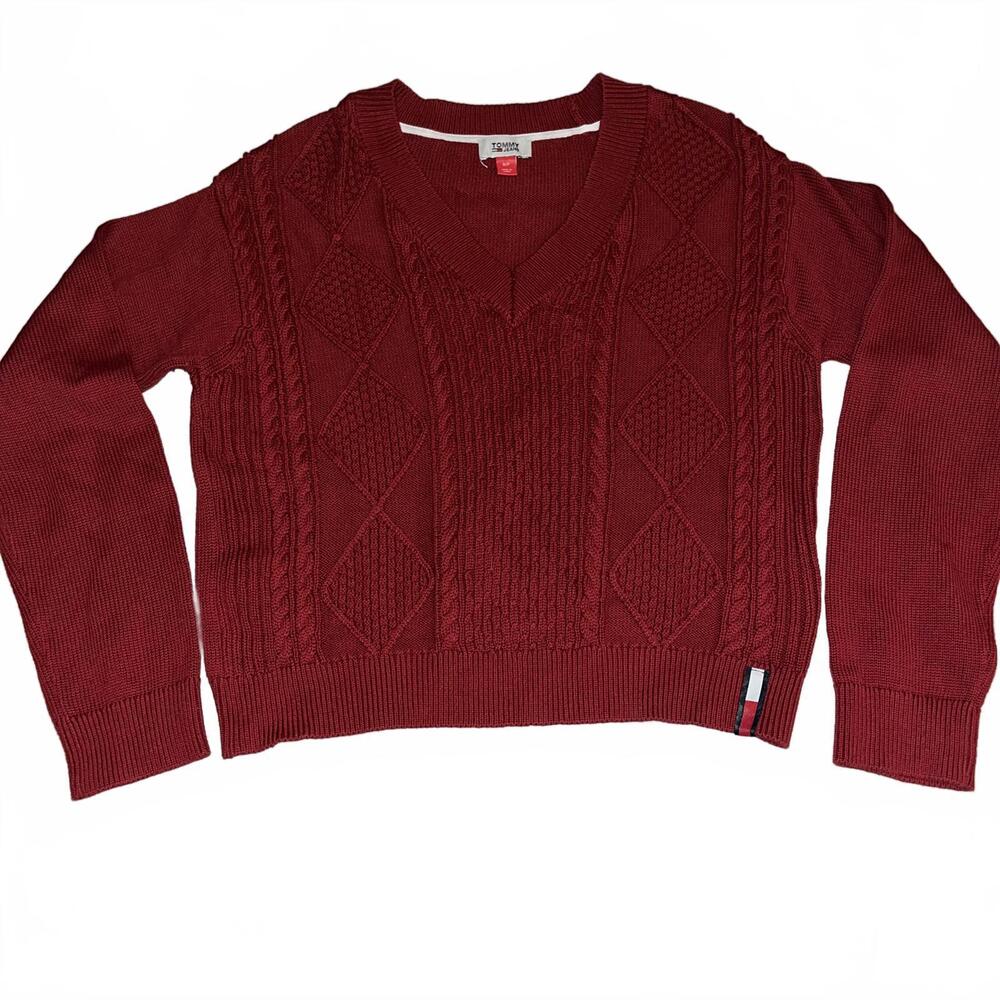 Tommy Jeans Women's Dark Red V-Neck Cable Knit Sweater Small Preppy Modern